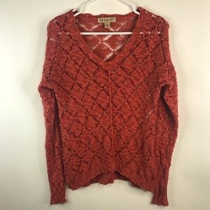 Rust orange Crocheted v neck long sleeve drop shoulder sweater petite small